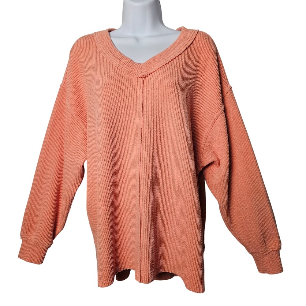 Aerie Womens Waffle Knit V-Neck Pullover Sweater S Peach High Low Loungewear